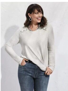 CAbi Snap Top, light dove heather grey, size medium